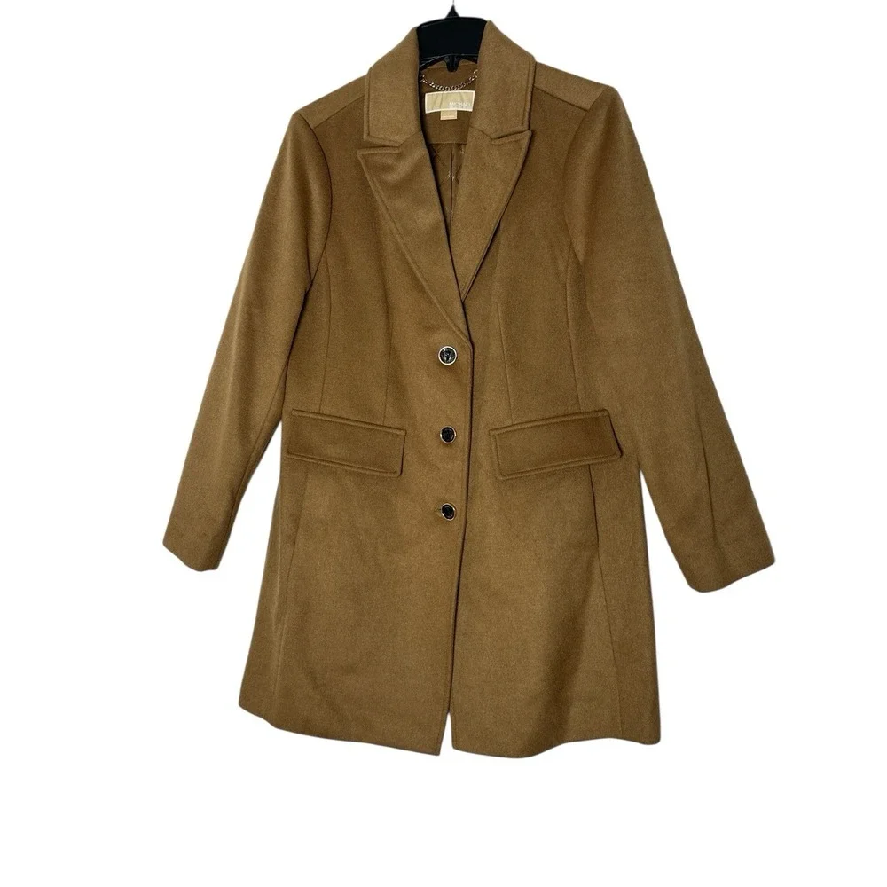 MICHAEL KORS trench coat women's Large Dark Camel Wool Blend Outdoor Career NWOT